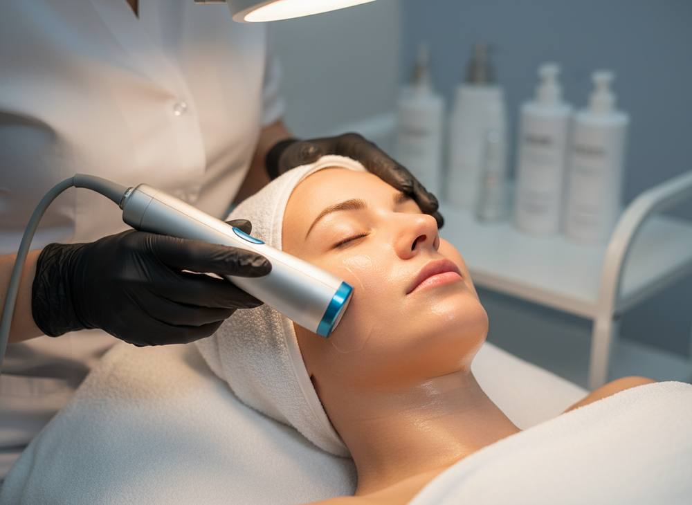 An esthetician glides a hydrating facial device across a client's cheek