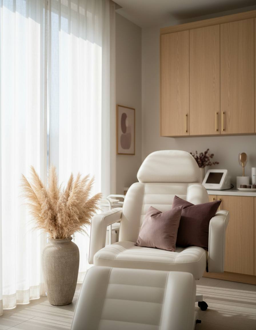 A calm treatment room with a cream treatment chair beside a tall window
