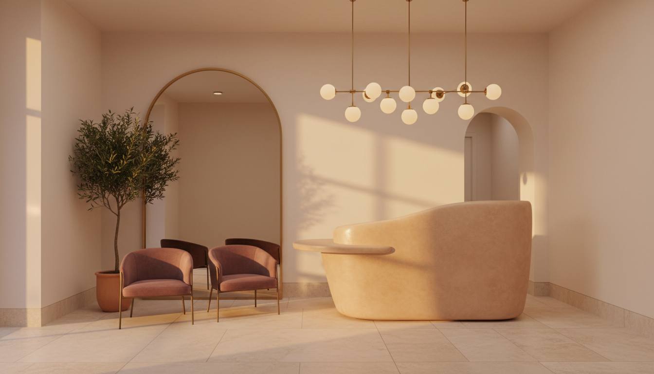 The reception lounge with plum velvet chairs, a curved desk and brass lights