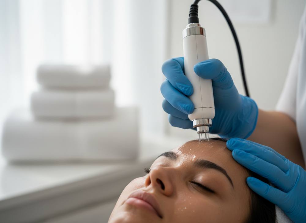 An esthetician uses a microneedling pen on a client's forehead